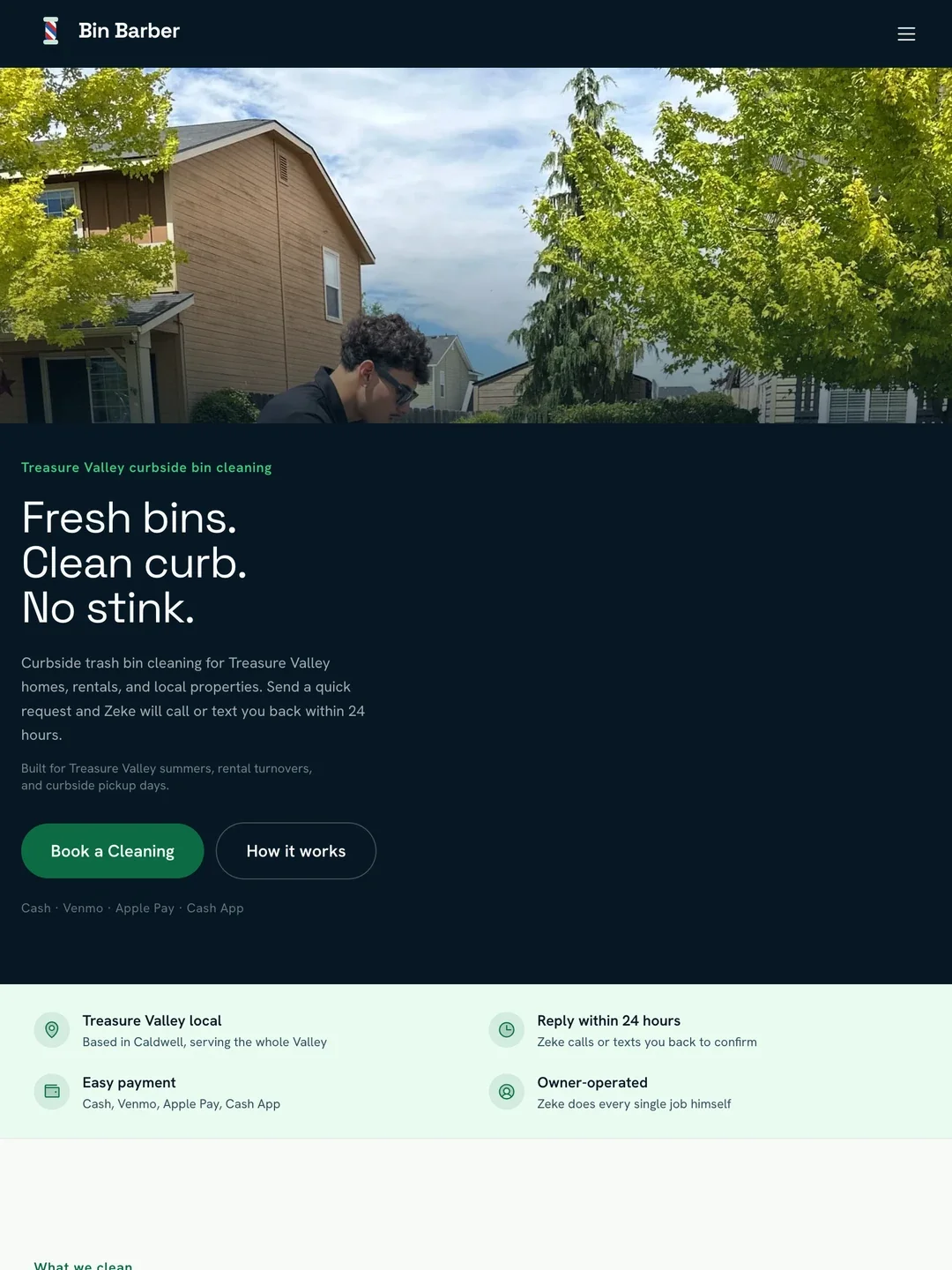 Homepage of the Bin Barber website — a Treasure Valley curbside trash-can cleaning service built by Velora