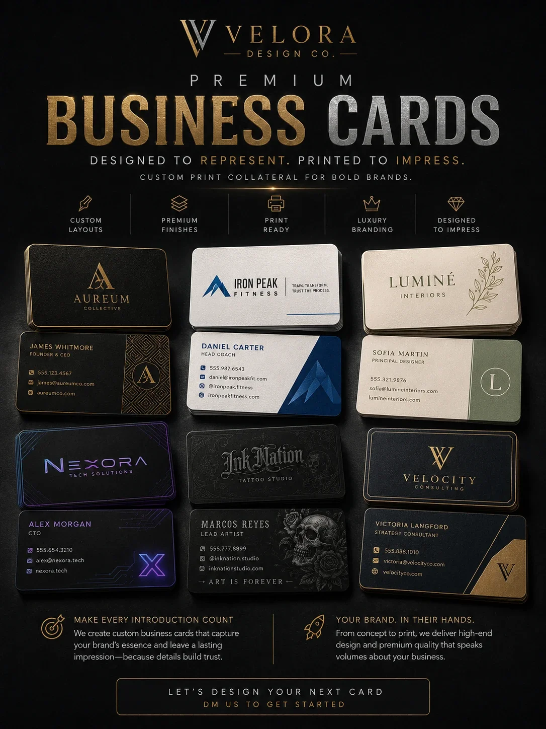 Concept premium business card design showing front and back layout — not a real client