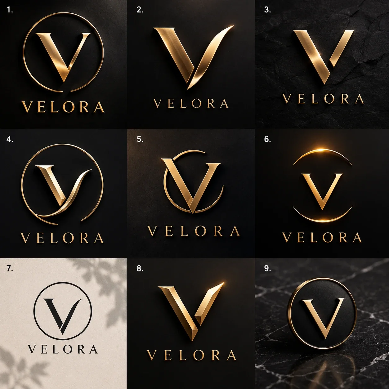 Concept logo variation board showing a brand identity system across multiple formats — not a real client