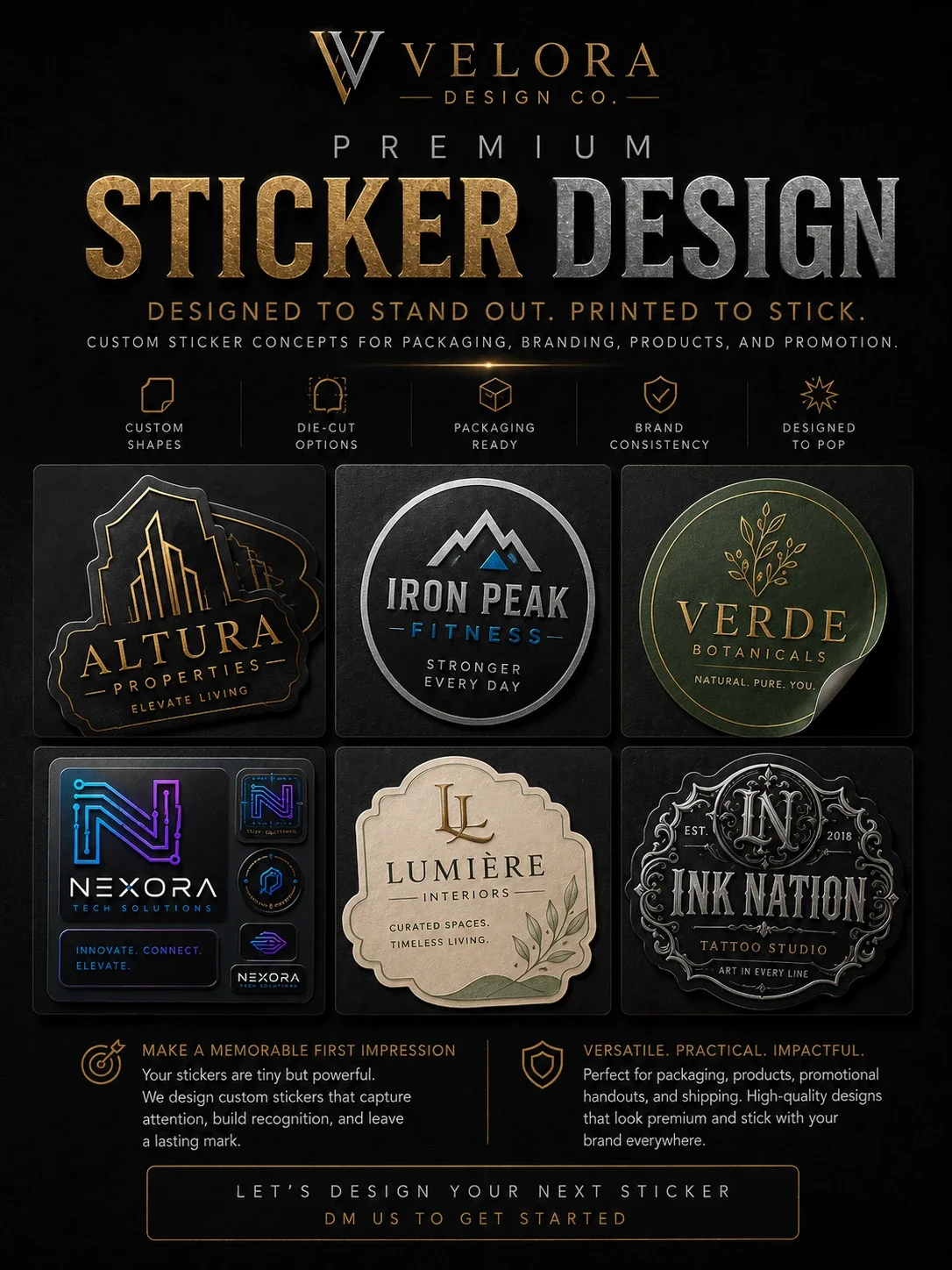 Concept branded sticker and print collateral designs for a boutique business — not a real client