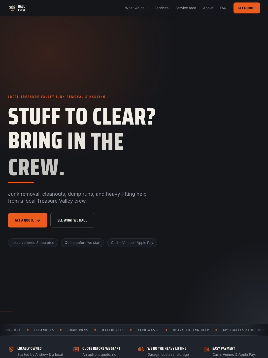Homepage of the 208 Haul Crew website, a Treasure Valley junk removal and hauling service built by Velora
