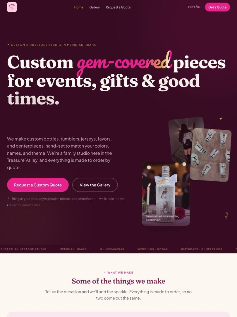 Homepage of The Gem Lab website, a custom rhinestone and embroidery studio built by Velora
